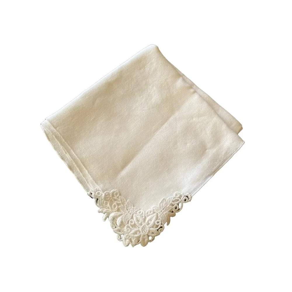 White Vintage Linen Tablecloth Topper Lace Corners